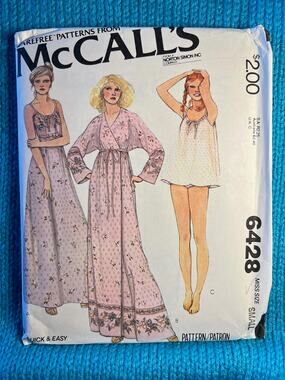McCalls sewing pattern 6428 nightgown pajamas panties babydoll 1970s size small